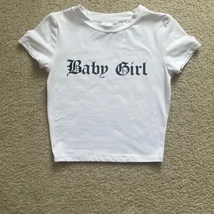 White crop top with black writing